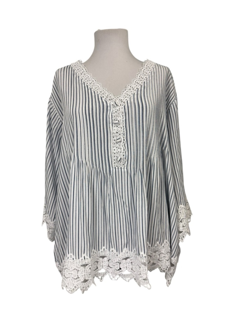Chelsea & Theodore Women's 3X Pullover Blouse Striped Lace Pleated Blue White